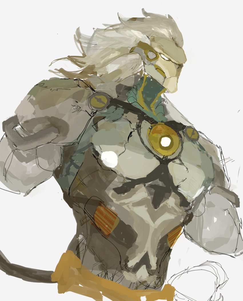 0_0ffline, 1boy, absurdres, banyue_(zenless_zone_zero), grey_background, grey_hair, highres, long_hair, looking_to_the_side, male_focus, muscular, muscular_male, robot_boy, tail, topless_male, zenless_zone_zero