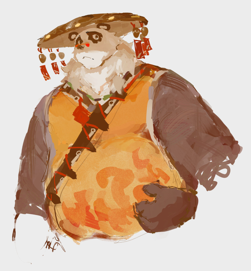 0_0ffline, 1boy, absurdres, animal_ears, belly, black_fur, chinese_clothes, fat