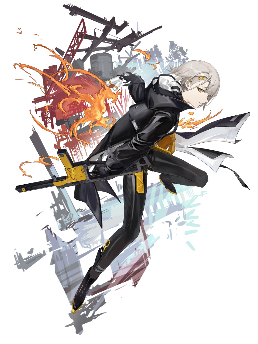 1girl, absurdres, black_boots, black_jacket, black_pants, boots, commentary_request, explosive