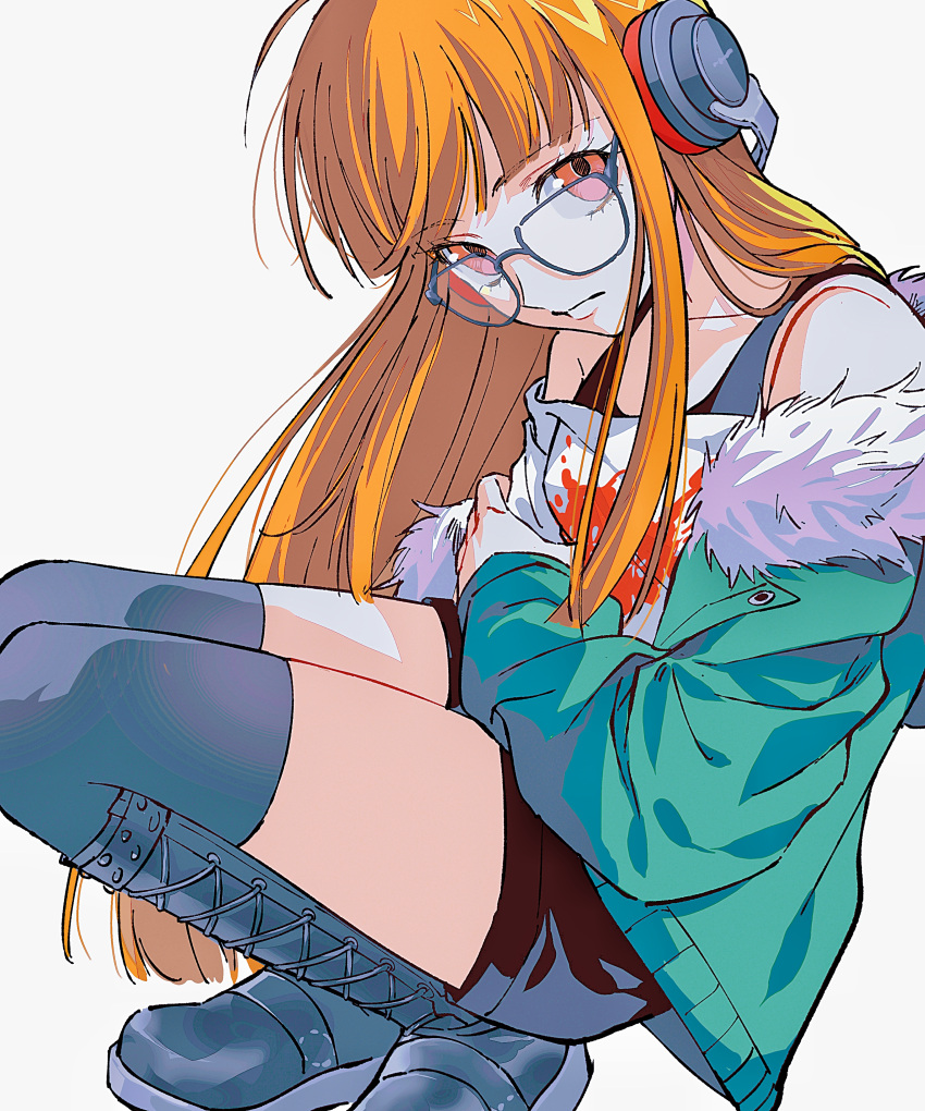 1girl, absurdres, ako_(eanaaati1), bare_shoulders, black-framed_eyewear, black_boots, black_shorts, black_thighhighs