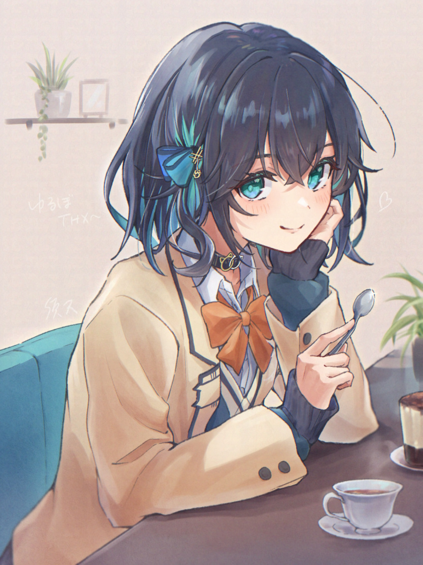 1girl, aqua_eyes, aqua_hair, black_choker, black_hair, blue_bow, blue_sweater, blurry