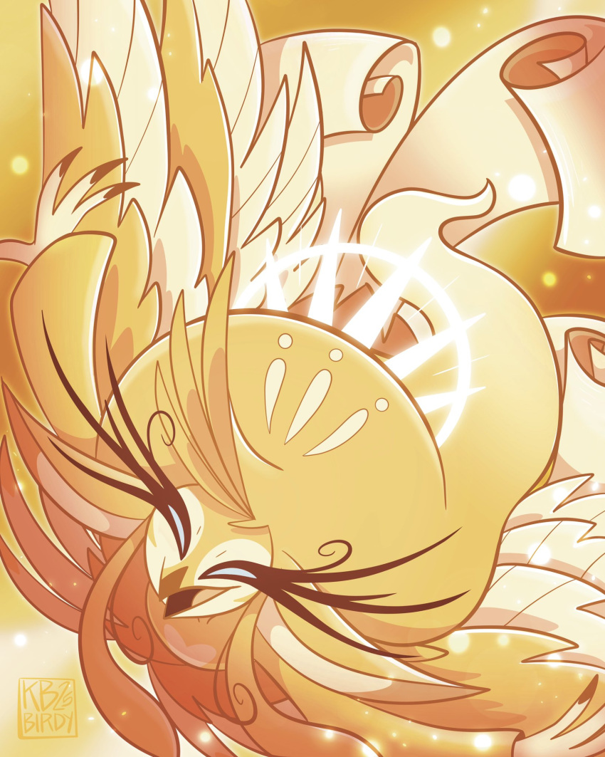 1girl, absurdly_long_hair, beak, bird_girl, blonde_hair, blue_eyes, dress, feathers