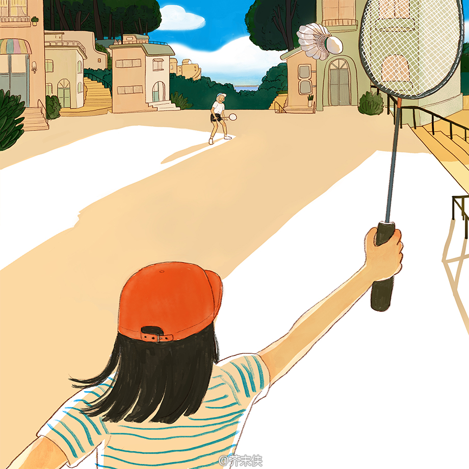 2girls, arm_up, badminton, baseball_cap, black_hair, black_shorts, building, chinese_commentary, clouds, commentary_request, day, hat, holding_badminton_racket, jiemoxia, medium_hair, multiple_girls, original, outdoors, playing_sports, railing, red_hat, scenery, shadow, shirt, shoes, short_sleeves, shorts, shuttlecock, sky, stairs, standing, t-shirt, tree, white_hat, white_shirt, white_shoes