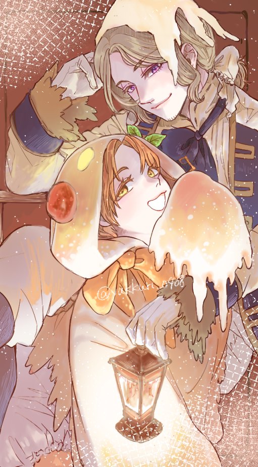 2boys, axis_powers_hetalia, blonde_hair, brown_background, cloak, facial_hair, france_(hetalia), gloves, goatee_stubble, halloween_costume, higetsu, holding, holding_lantern, hood, hood_up, hooded_cloak, jacket, lantern, long_sleeves, looking_at_viewer, male_focus, medium_hair, multiple_boys, northern_italy_(hetalia), open_mouth, orange_eyes, orange_hair, ponytail, shirt, short_hair, smile, stubble, violet_eyes