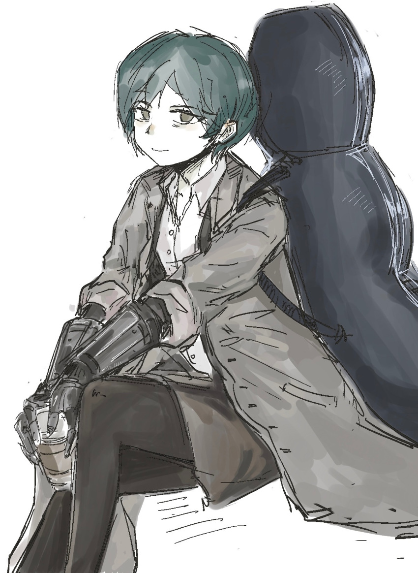 aqua_hair, blue_hair, cello, cello_case, coat, cup, green_eyes, highres