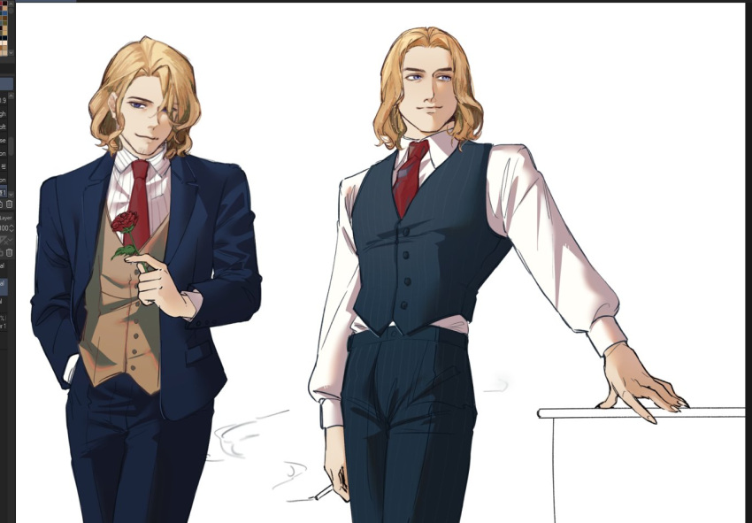 2boys, art_program_in_frame, axis_powers_hetalia, blonde_hair, collared_shirt, crossover, facial_hair, flower