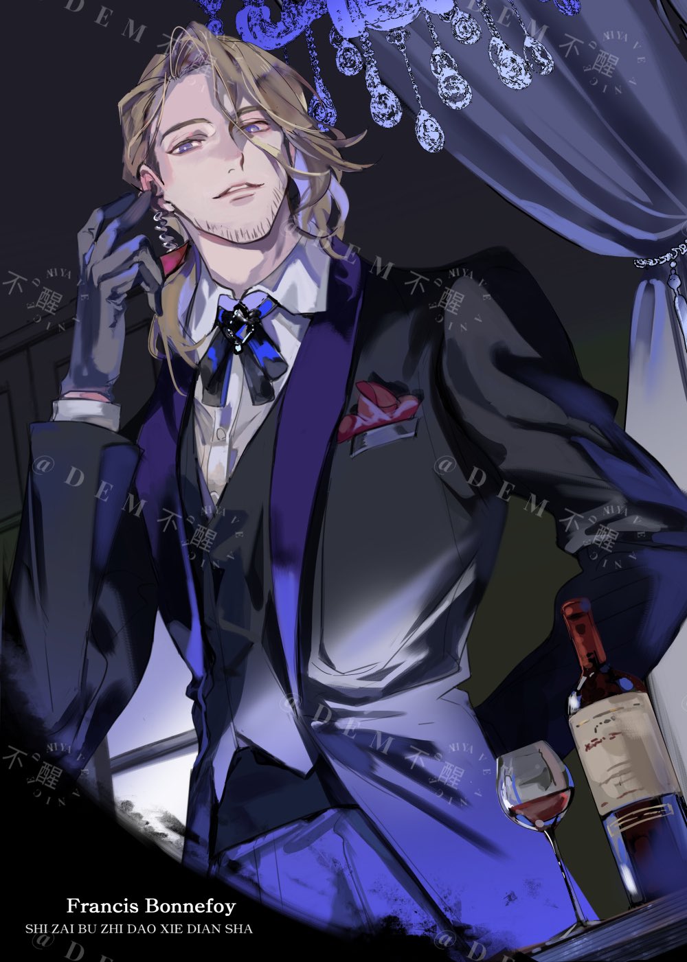 1boy, arm_behind_back, axis_powers_hetalia, blonde_hair, bottle, bow, collared_shirt, cup