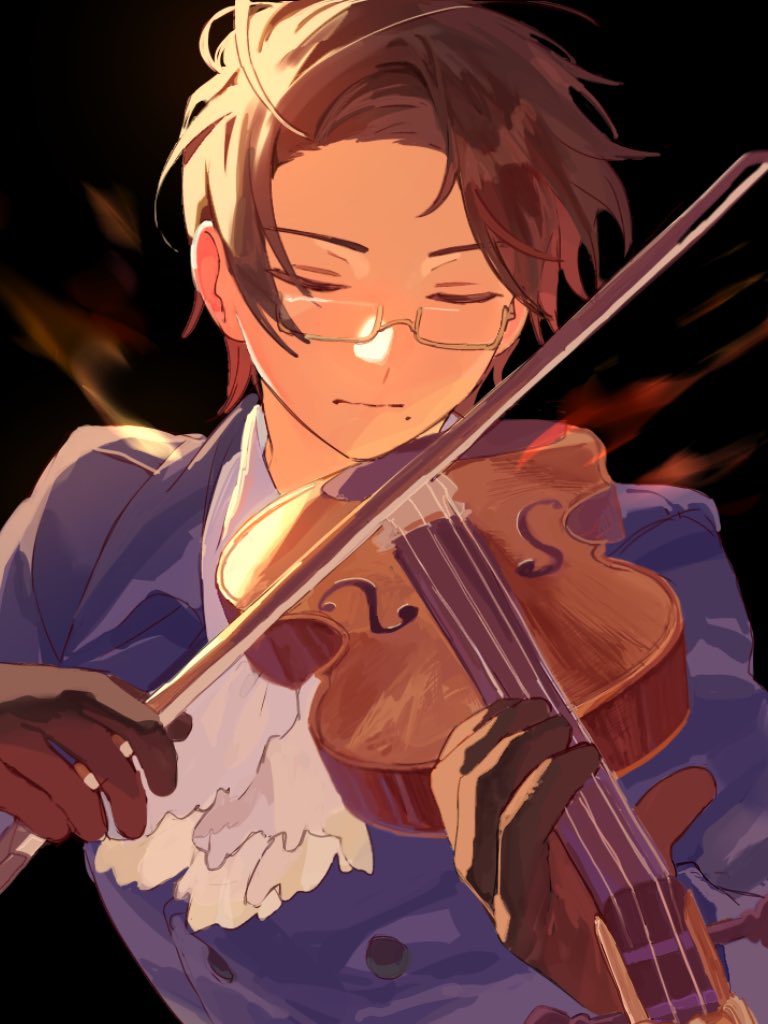 1boy, ascot, austria_(hetalia), axis_powers_hetalia, black_background, bow_(music), brown_hair, closed_eyes, glasses, gloves, holding, holding_bow_(music), holding_instrument, holding_violin, instrument, jacket, male_focus, mole, mole_under_mouth, music, pipinopipi0219, playing_instrument, short_hair, simple_background, solo, upper_body, violin