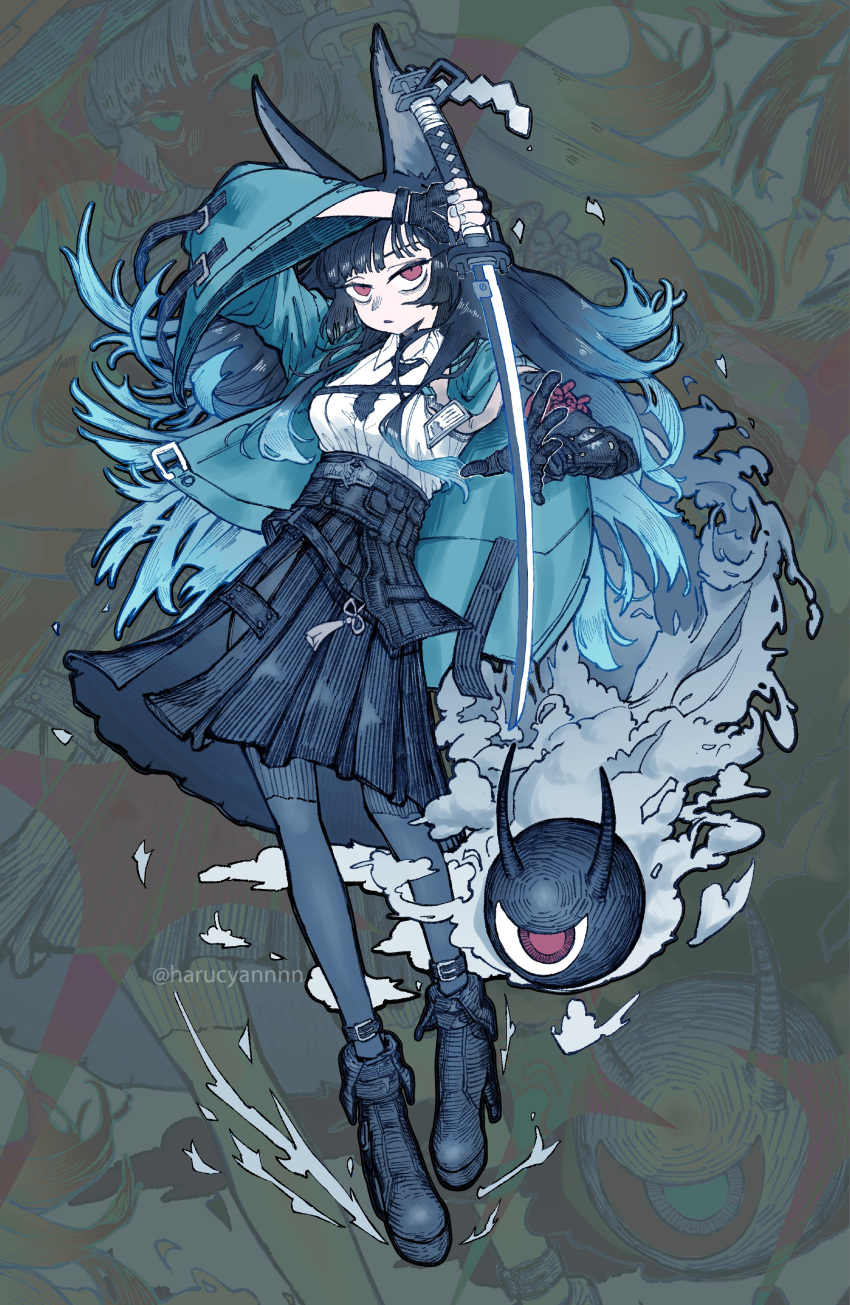 1girl, 1other, absurdres, animal_ear_fluff, animal_ears, arm_out_of_sleeve, black_gloves, black_hair