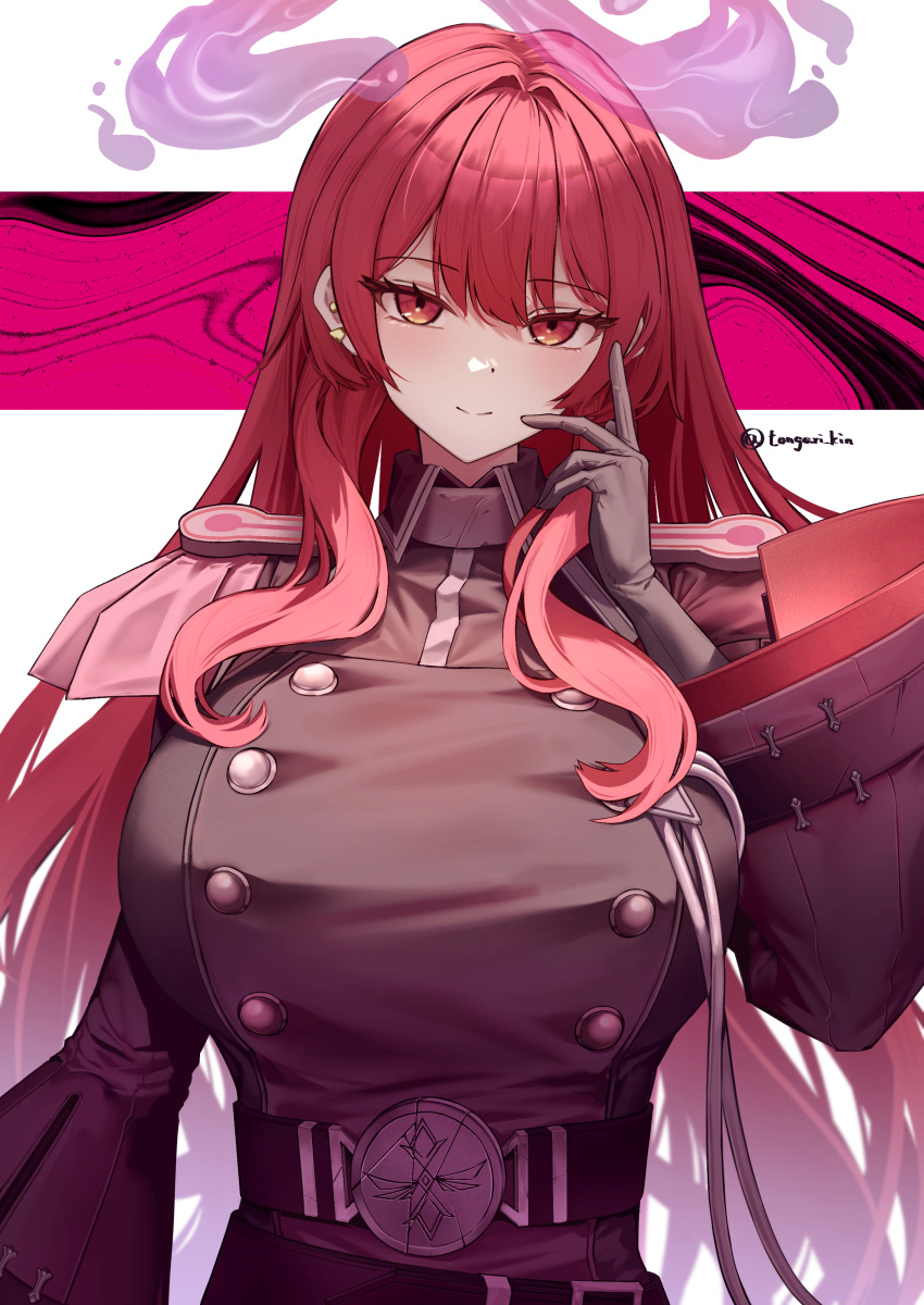 1girl, absurdres, belt, black_belt, black_gloves, breasts, buttons, closed_mouth