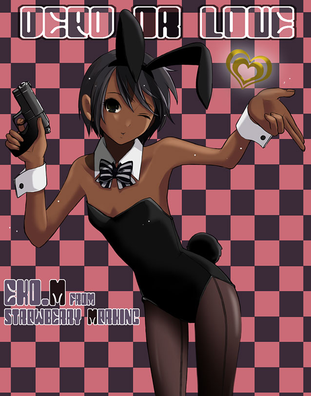 black_eyes, black_hair, bunny_ears, bunny_tail, bunnysuit, checkered, checkered_background, dark_skin, flat_chest, gun, original, pantyhose, short_hair, solo, tail, takamizawa, weapon, wink