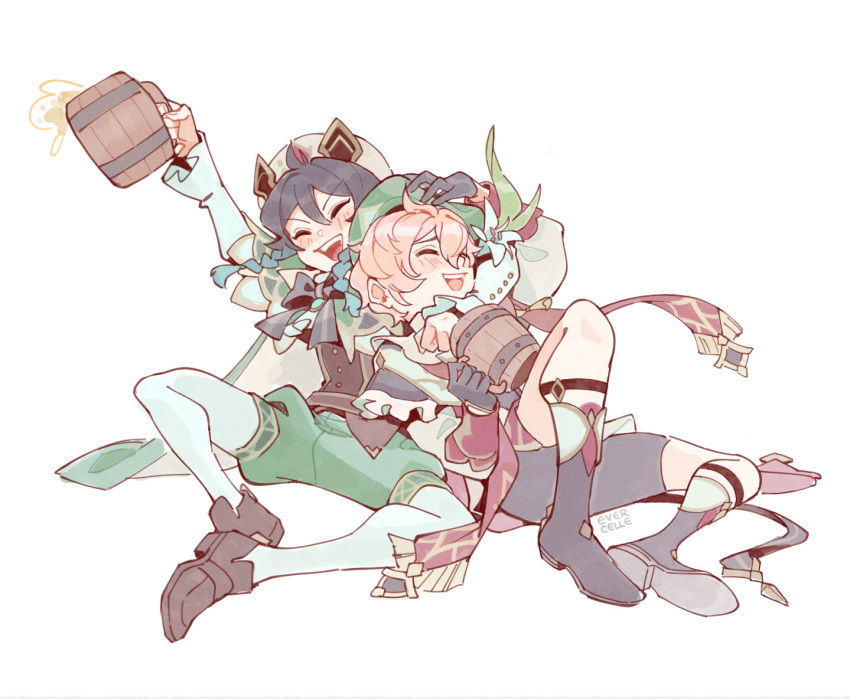 2boys, :d, alcohol, androgynous, bard, beer, beer_mug, beret