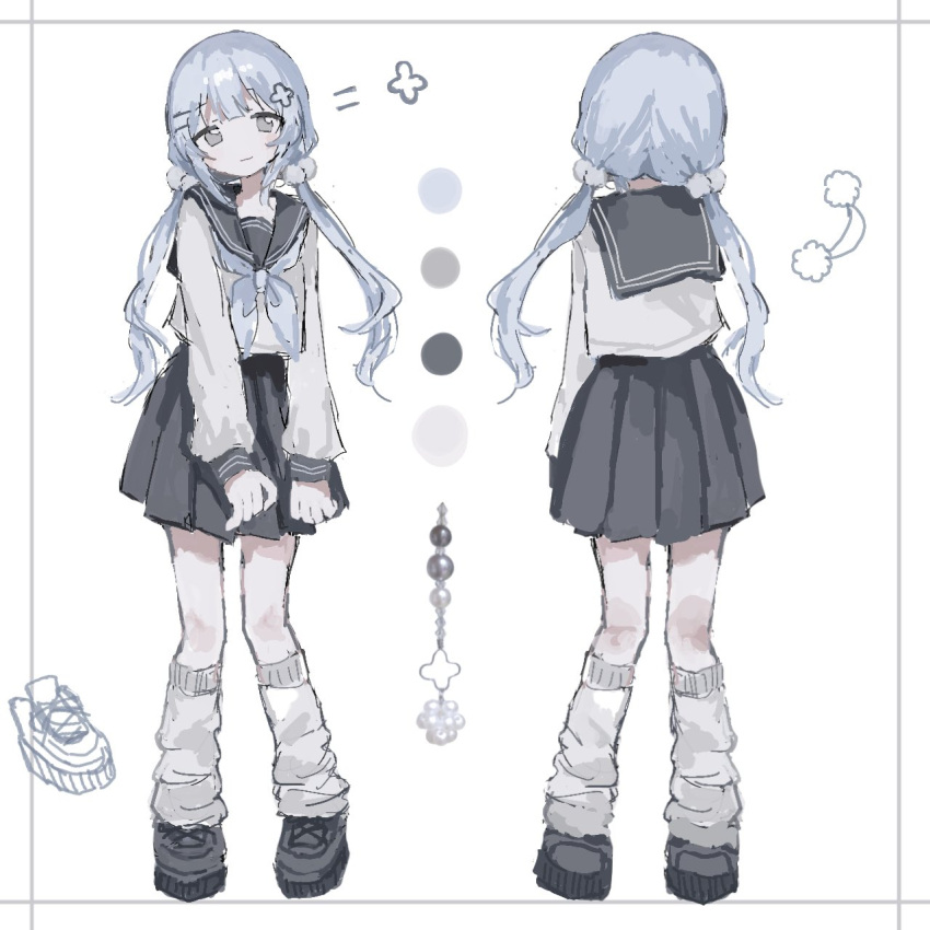 1girl, black_sailor_collar, black_skirt, blue_hair, blunt_bangs, brown_eyes, chest_bow, color_guide