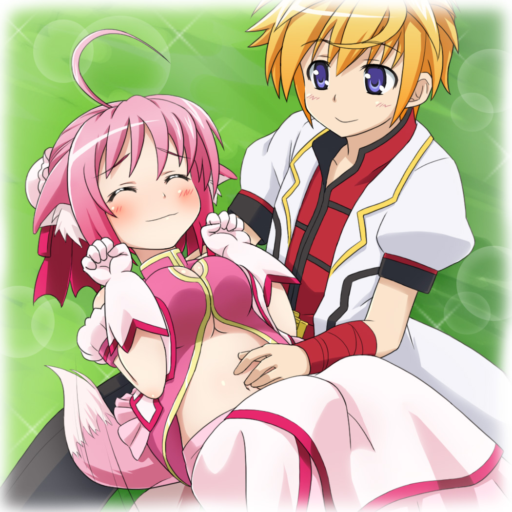 1boy, 1girl, ^_^, ahoge, animal_ears, belly_rub, blonde_hair, blue_eyes