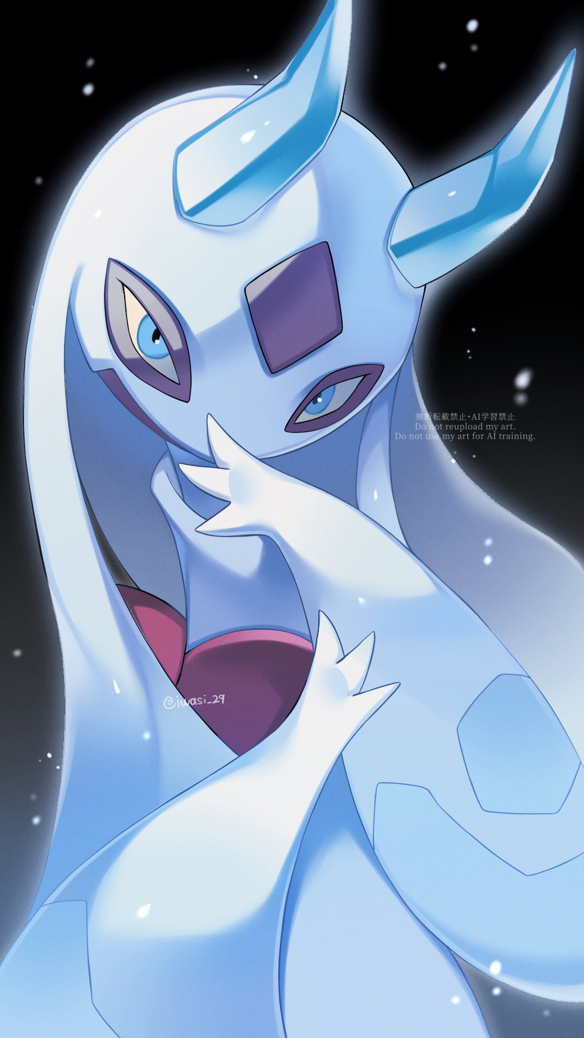 blue_eyes, blue_sclera, closed_mouth, colored_sclera, froslass, highres, horns, ice