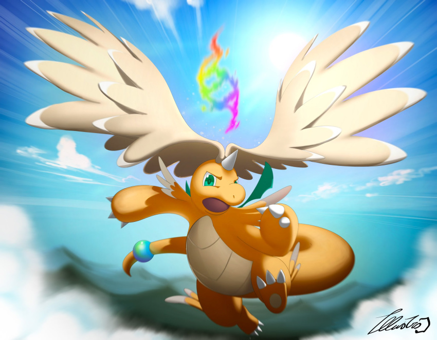 blue_sky, claws, clouds, colored_skin, dragon, dragonite, feathered_wings, fivizzaniluke
