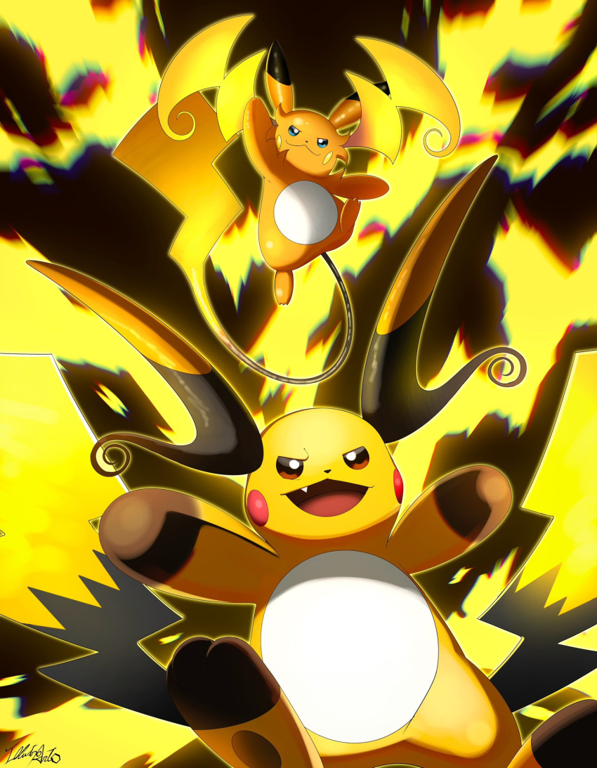 blue_eyes, brown_eyes, closed_mouth, electricity, fang, fivizzaniluke, highres, mega_pokemon