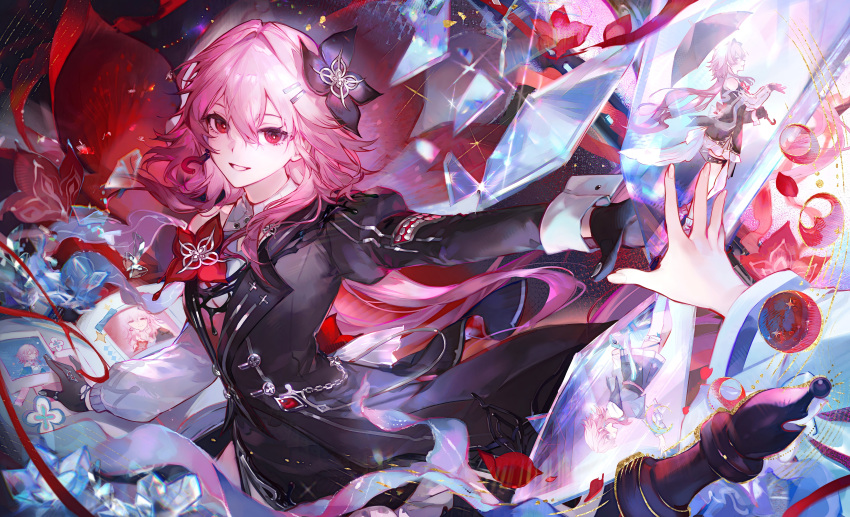 2girls, absurdres, black_gloves, dual_persona, evernight_(honkai:_star_rail), flower, gloves, hair_between_eyes