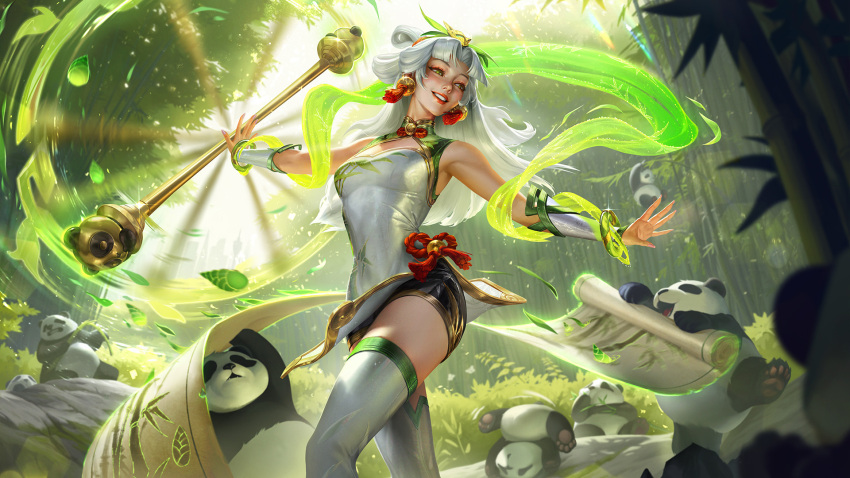 1girl, armpits, bamboo, bamboo_forest, breasts, china_dress, chinese_clothes, chinese_knot