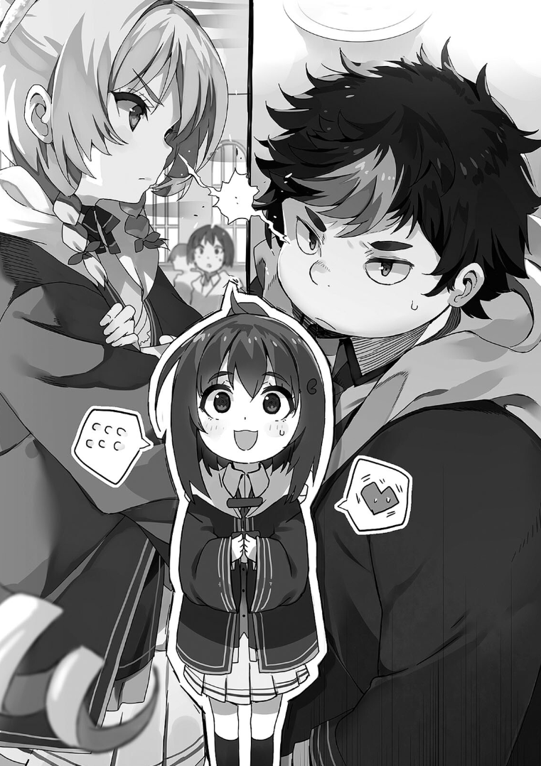 1boy, 2girls, :3, :d, ahoge, alicia_vladia_sarkista, ascot, blurry