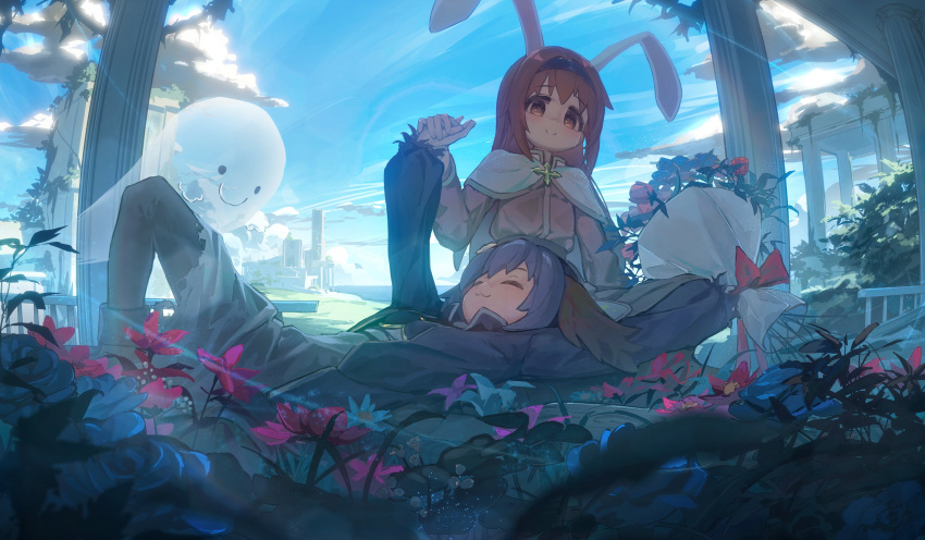 2girls, :3, ^_^, absurdres, animal_ears, ap04astral, arm_up, black_hairband