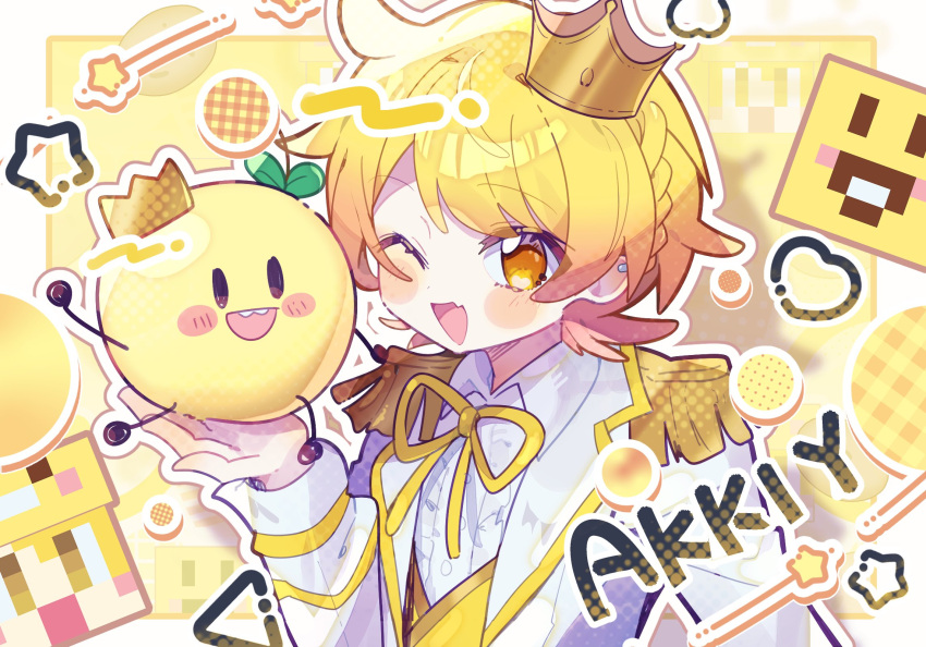 1boy, akkiy_(amptakxcolors), amptakxcolors, blonde_hair, blush_stickers, bow, braid, character_name