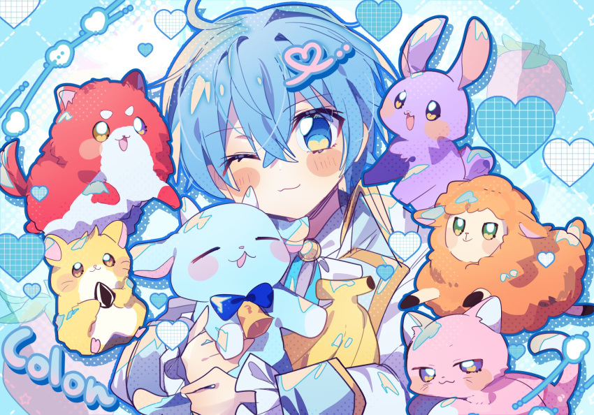 1boy, :3, animal, blue_eyes, blue_hair, blush_stickers, cat, character_name, closed_mouth, colon_(stpri), commentary, dog, hair_between_eyes, heart, highres, holding, holding_animal, looking_at_viewer, male_focus, one_eye_closed, pitupituta, rabbit, sheep, short_hair, smile, solo, strawberry_prince, upper_body