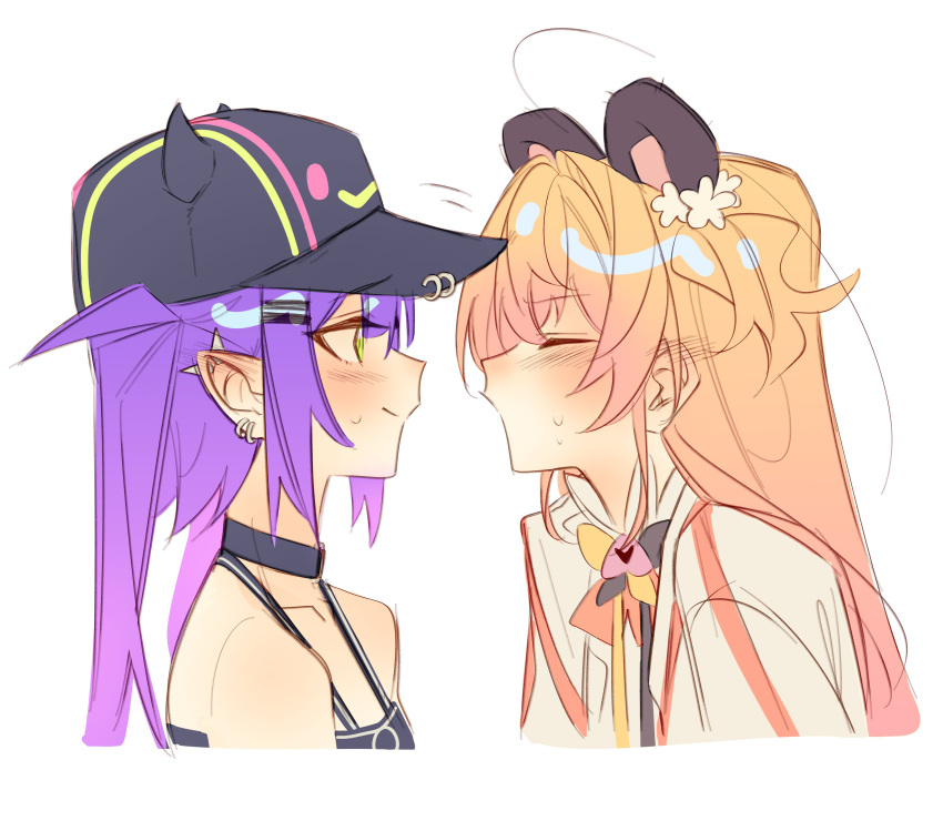 2girls, absurdres, animal_ears, bear_ears, bell, bibi_(tokoyami_towa), black_hat, black_tank_top