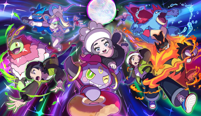 2boys, 4girls, ansha_(pokemon), emboar, feraligatr, harmony_(pokemon), highres, korrina_(pokemon)