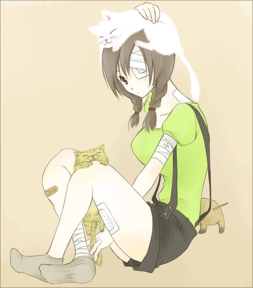 bandage, bandage_over_one_eye, bandages, black_hair, braid, cat, cat_on_head, dog, eyepatch, footwear, kobushi_abiru, legs, pale_skin, poyon, sayonara_zetsubou_sensei, shorts, simple_background, sitting, skirt, socks, solo, stick, suspenders, twin_braids