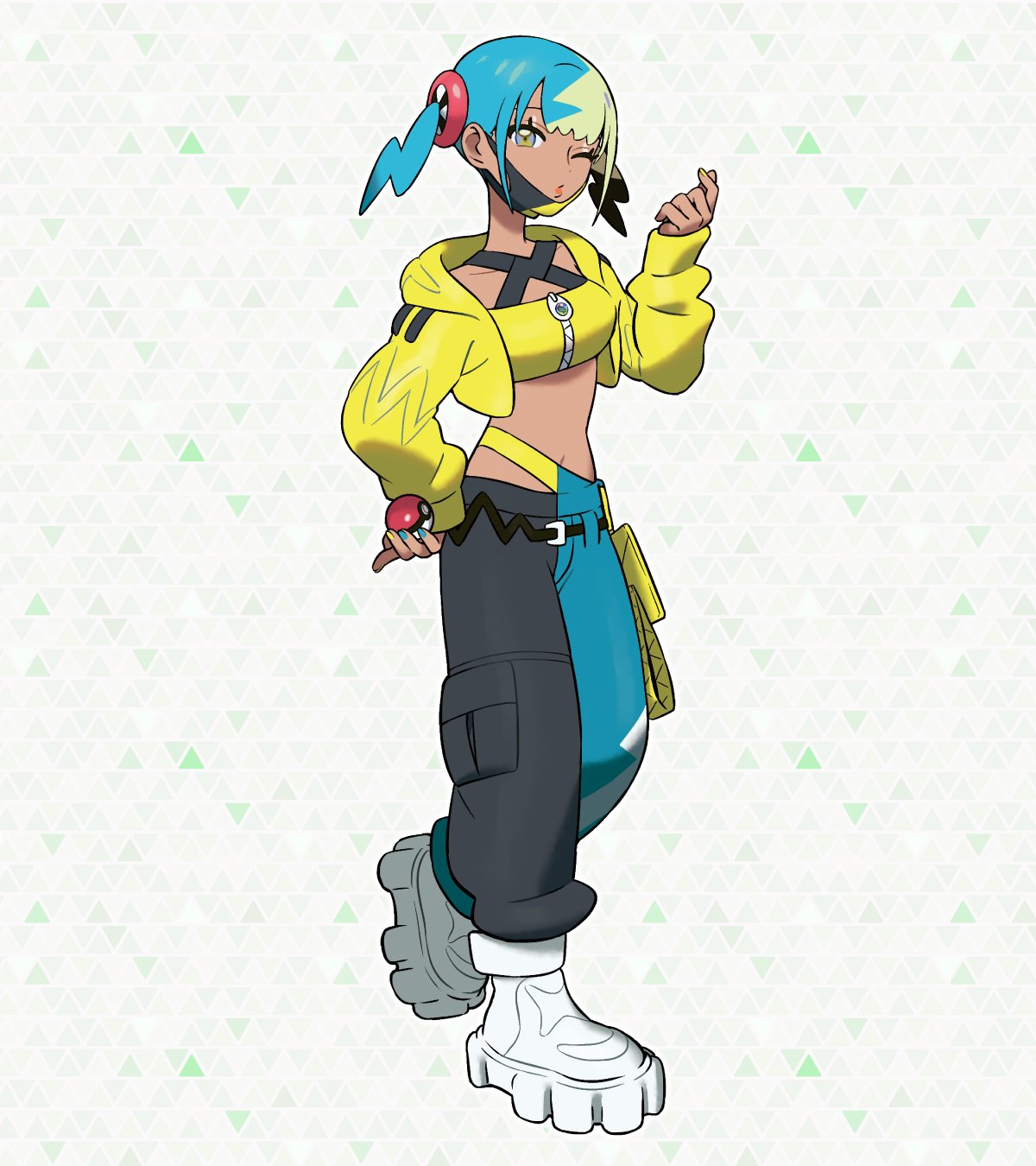 1girl, aqua_hair, artist_request, black_mask, blonde_hair, breasts, canari_(pokemon), dark-skinned_female