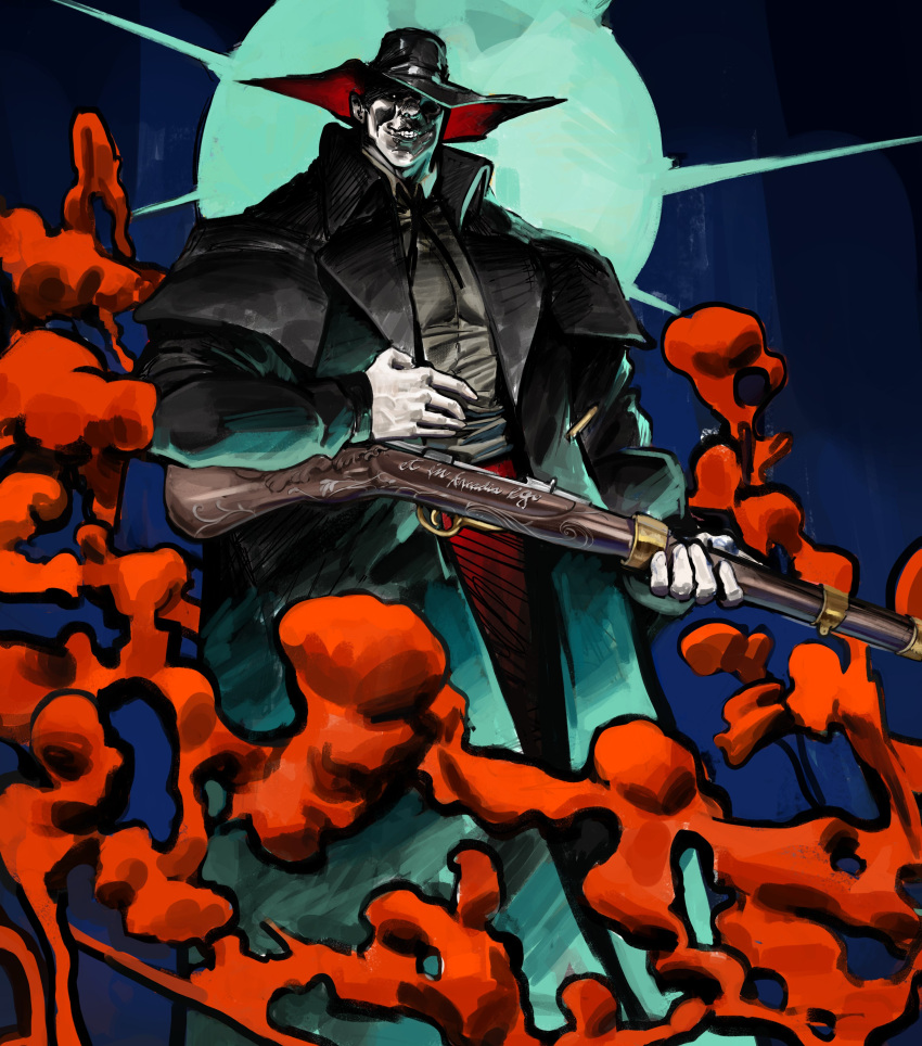 1boy, absurdres, bell, black_coat, black_hat, blood_meridian, bolt_action, coat, colored_skin, colored_smoke, commentary, cowbell, cowboy_hat, english_commentary, evil_grin, evil_smile, full_moon, glowing, glowing_eye, grin, gun, hat, highres, holding, holding_gun, holding_weapon, judge_holden, knifesart, long_coat, looking_at_viewer, moon, night, night_sky, rifle, shaded_eye, sky, smile, smoke, trench, trench_coat, weapon, white_skin