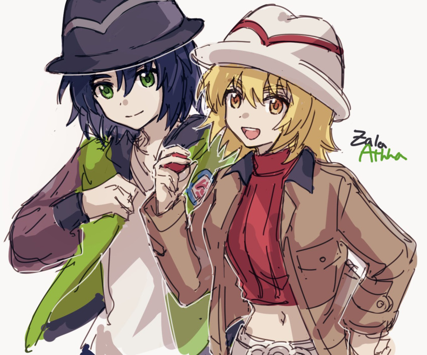 1boy, 1girl, athrun_zala, black_hat, blonde_hair, blue_hair, brown_jacket, cagalli_yula_athha, character_name, commentary_request, cosplay, cropped_shirt, green_eyes, green_jacket, gundam, gundam_seed, hat, holding, holding_poke_ball, jacket, looking_at_viewer, paxton_(pokemon), paxton_(pokemon)_(cosplay), poke_ball, pokemon, pokemon_legends:_z-a, red_shirt, shiro_kunugi, shirt, short_hair, sketch, smile, taunie_(pokemon), taunie_(pokemon)_(cosplay), white_background, white_hat, white_shirt, yellow_eyes