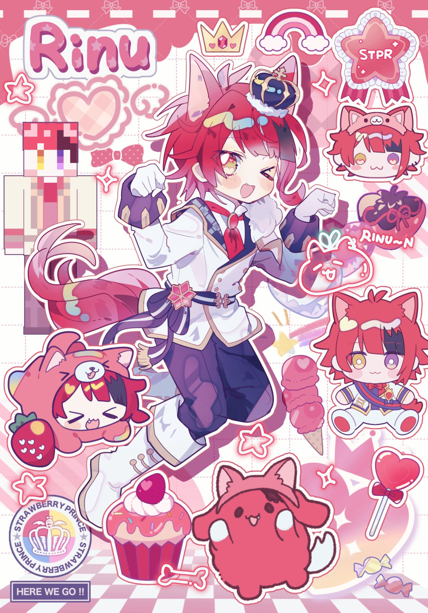 1boy, absurdres, animal_ears, blue_pants, blush_stickers, character_name, copyright_name, cupcake