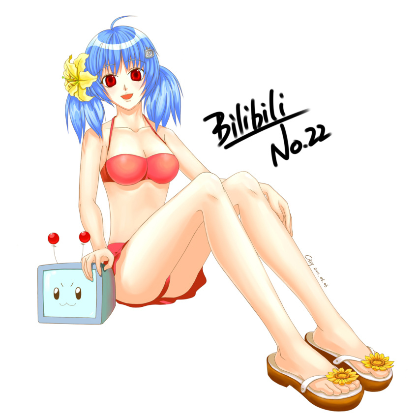 :3, ahoge, alternate_hairstyle, antennae, bikini, bili_bili_douga, bili_girl_22, blue_hair, breasts, cissy, cleavage, flower, flower_on_head, frilled_swimsuit, frills, hair_ornament, highres, long_hair, mascot, open_mouth, red_eyes, red_swimsuit, sandals, signature, simple_background, sitting, solo, swimsuit, television, twintails