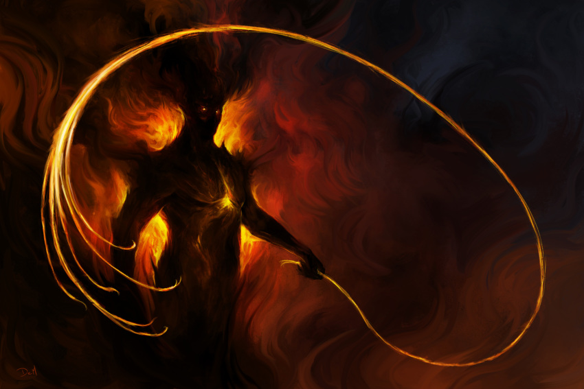 1boy, absurdres, balrog_(tolkien), black_skin, black_smoke, colored_skin, darkness, demon