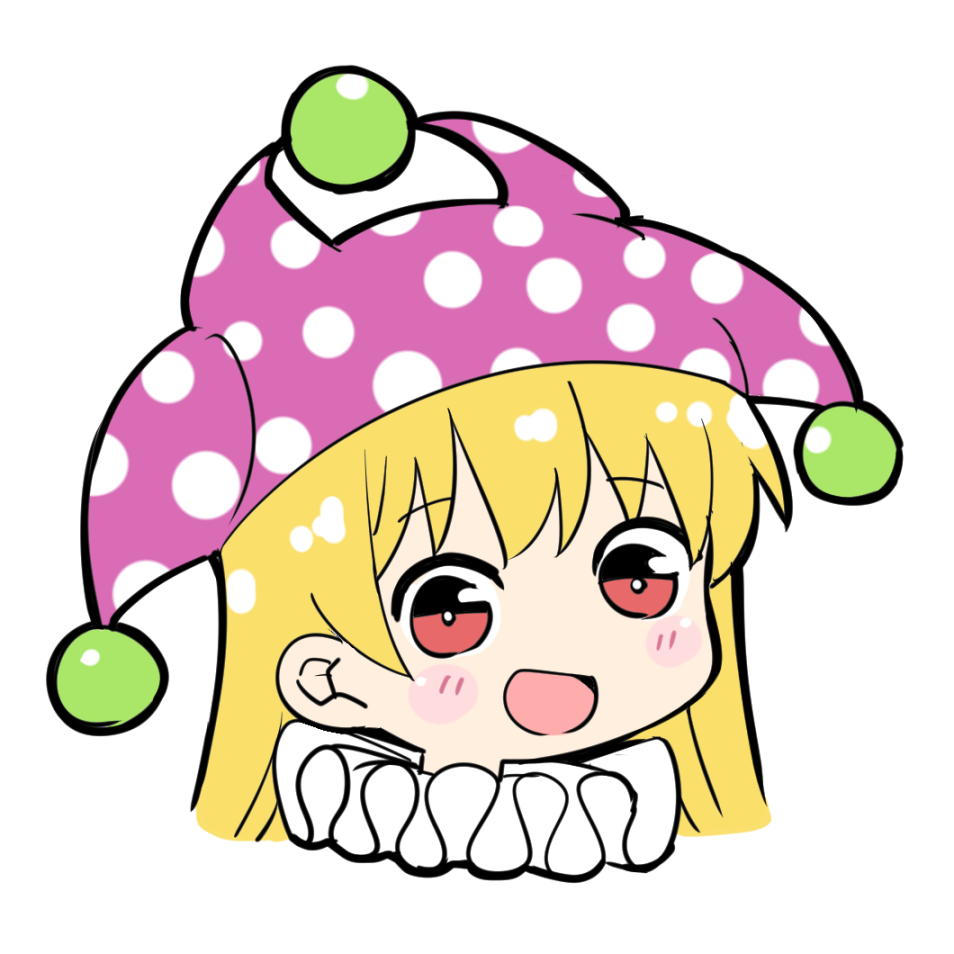 1girl, :d, blonde_hair, blush_stickers, clownpiece, commentary_request, hat, head_only