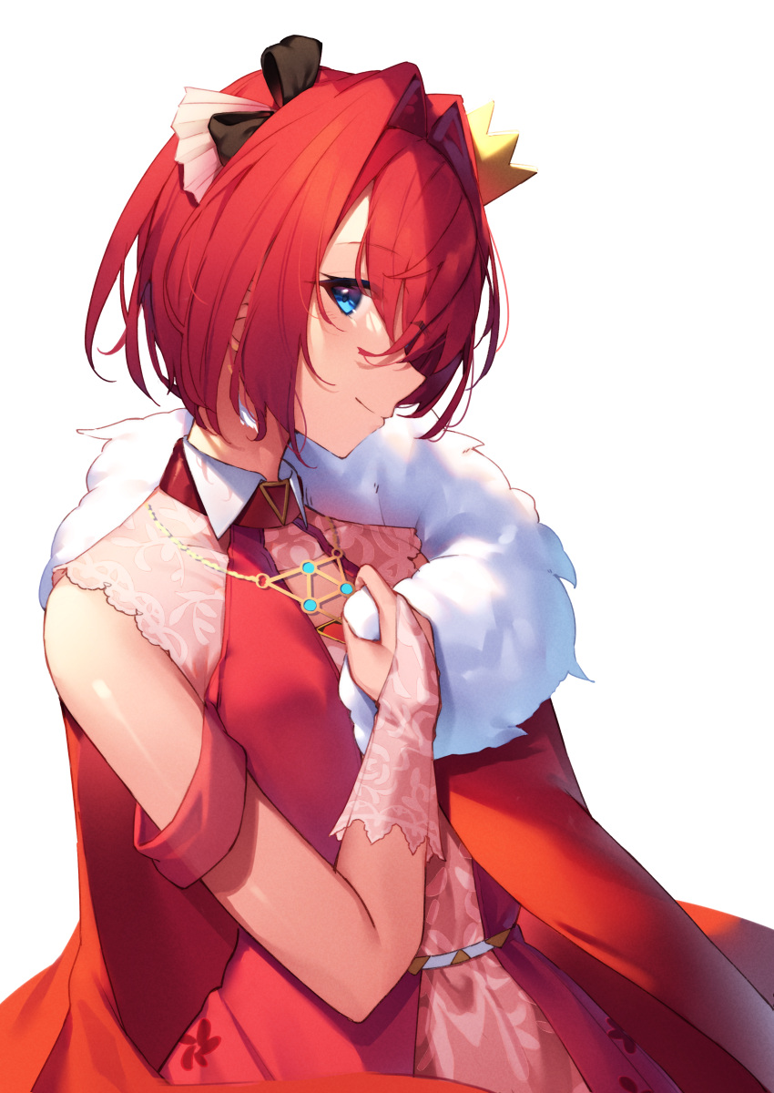 1girl, absurdres, ange_katrina, ange_katrina_(3rd_costume), bare_shoulders, blue_eyes, bridal_gauntlets, cloak, closed_mouth, collared_dress, commentary_request, crown, dress, earrings, feather_earrings, feathers, fur-trimmed_cloak, fur_trim, gold_necklace, gradient_eyes, hair_intakes, hair_ornament, hair_over_one_eye, hand_up, highres, jewelry, long_bangs, looking_at_viewer, mini_crown, multicolored_eyes, necklace, nijisanji, official_alternate_costume, pink_bridal_gauntlets, profile, red_cloak, red_dress, red_hair, removing_cloak, see-through_clothes, simple_background, sleeveless, sleeveless_dress, smile, solo, tilted_headwear, triangle_necklace, violet_eyes, virtual_youtuber, white_background, yuuki_nao_(pixiv10696483)