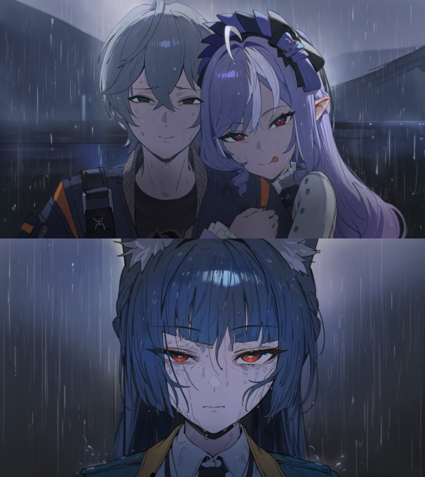 1boy, 2girls, ahoge, ai-generated, animal_ear_fluff, animal_ears, black_hair, closed_mouth