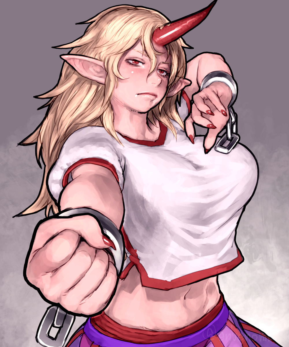 1girl, arm_up, artist_name, blonde_hair, breasts, chain, clenched_hand, commentary_request, cuffs, dress, envenomist_(gengoroumaru), highres, horns, hoshiguma_yuugi, large_breasts, midriff, navel, oni, pointy_ears, red_eyes, red_nails, shackles, shirt, short_sleeves, single_horn, solo, touhou, twitter_username, white_shirt