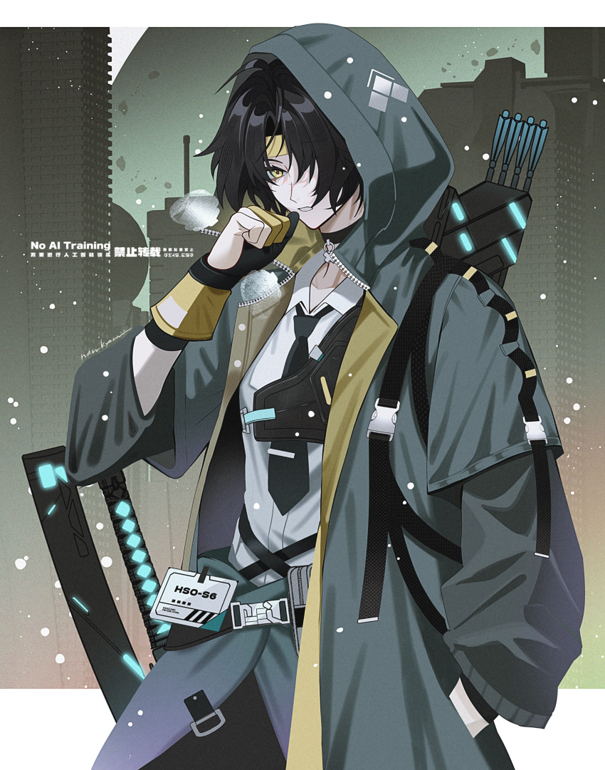 1boy, absurdres, aqua_jacket, armor, arrow_(projectile), artist_name, asaba_harumasa, black_hair