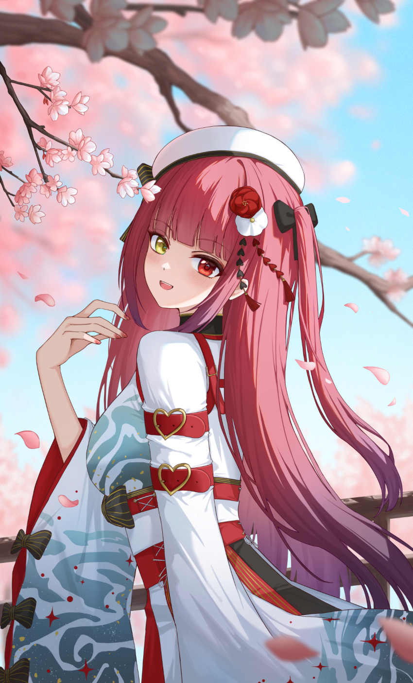 0_albusart, 1girl, :d, beret, blue_sky, blunt_bangs, blurry, blurry_background