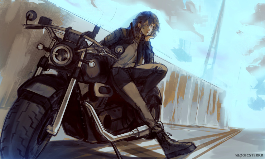 1girl, absurdres, black_hair, black_jacket, black_pants, bob_cut, commentary, day
