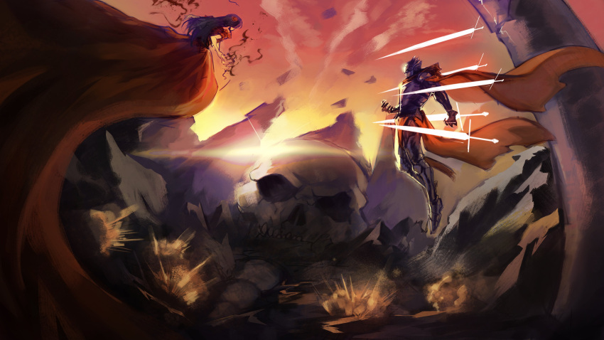 1girl, 1other, absurdres, anvil_(shadow_slave), armor, black_hair, cape, claw_pose, clenched_hand, commentary, commission, dress, english_commentary, explosion, facing_away, fighting, floating, floating_object, floating_sword, floating_weapon, from_side, full_body, glint, hands_up, helmet, highres, ki_song, knight, lens_flare, logicsterrr, long_hair, magic, mountainous_horizon, pillar, red_cape, red_dress, shadow_slave, skull, smoke, sunset, sword, weapon