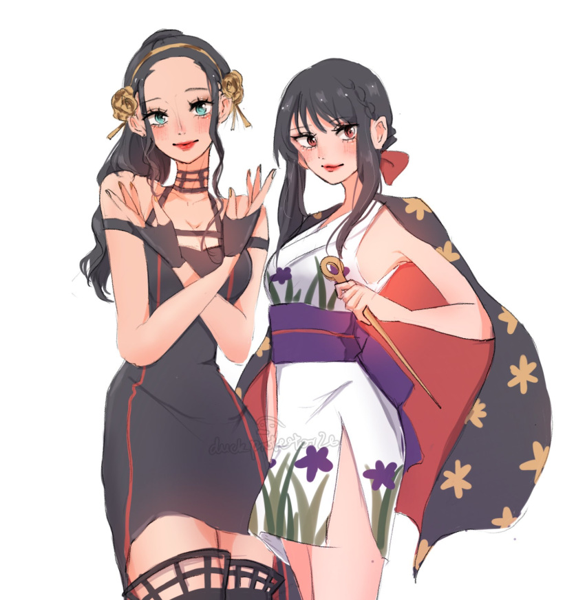 2girls, black_dress, black_gloves, black_hair, blue_eyes, blunt_bangs, blush, boots