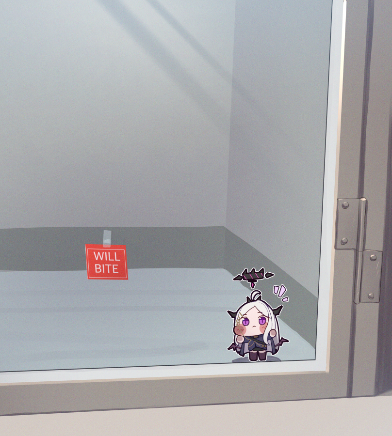 1girl, ahoge, blue_archive, chibi, chibi_only, commentary, demon_horns, diyap_(style), halo, hina_(blue_archive), horns, long_hair, parted_bangs, solo, symbol-only_commentary, uneg, violet_eyes, white_hair