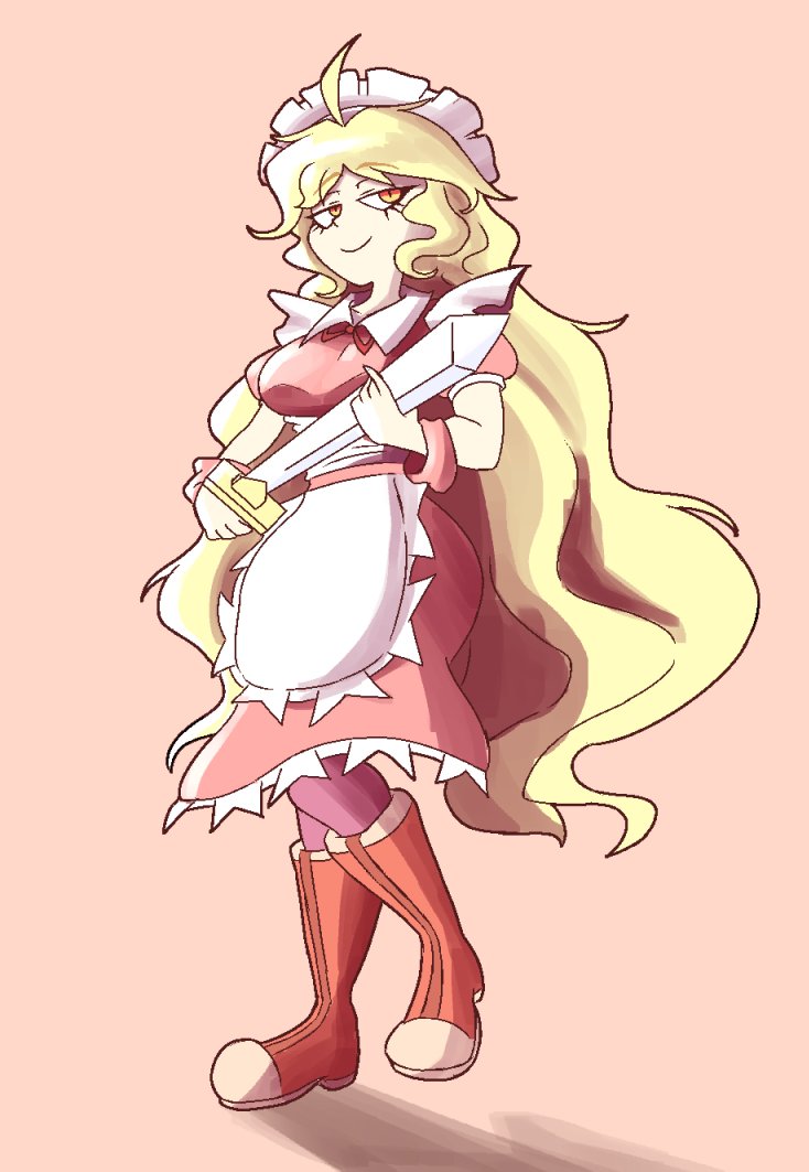 1girl, ahoge, apron, armband, blonde_hair, boots, dress, frilled_apron, frilled_dress, frills, full_body, holding, holding_sword, holding_weapon, long_hair, maid, maid_apron, maid_headdress, pantyhose, quarium, red_armband, red_boots, red_dress, short_sleeves, slit_pupils, smile, standing, sword, touhou, touhou_(pc-98), wavy_hair, weapon, yumeko_(touhou)