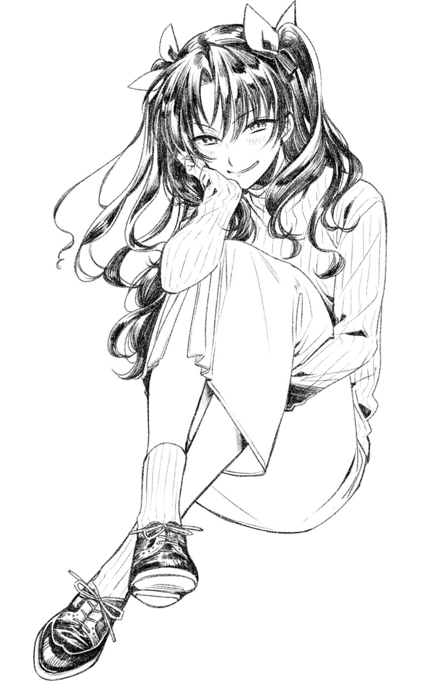 1girl, blush, casual, crossed_ankles, fate/stay_night, fate_(series), full_body, greyscale