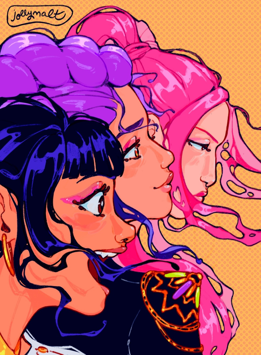 3girls, black_hair, braid, braided_ponytail, earrings, eyelashes, eyeshadow, floating_hair