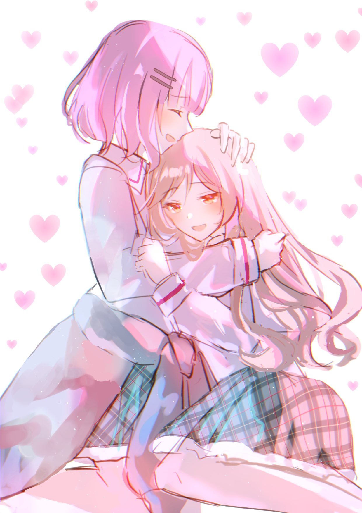 2girls, amaori_renako, blue_skirt, brown_eyes, brown_hair, closed_eyes, clothes_around_waist, commentary_request
